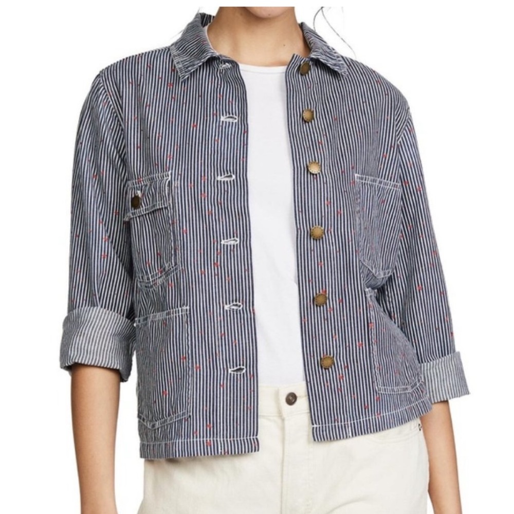 The GREAT.  The Shrunken Barn Jacket In Railroad Stripe With Red Star Size 0